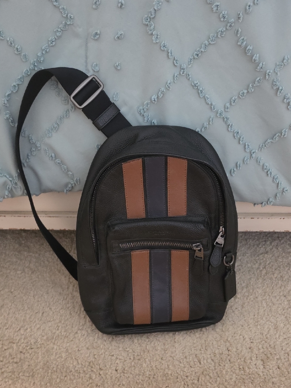 Coach West Pack - Black Leather Sling Backpack with Brown Stripes